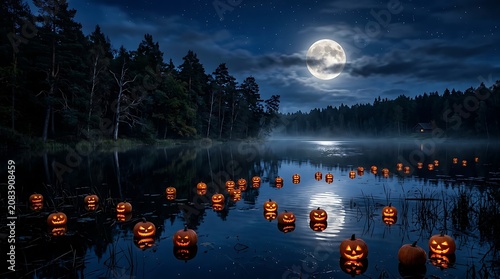 Cinematic Halloween scene with glowing jack-o'-lanterns floating on a misty moonlit lake surrounded by dark forest and full moon