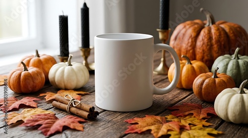 White ceramic coffee mug mockup on rustic wooden table with autumn pumpkins, colorful leaves, and black candles for cozy fall decor