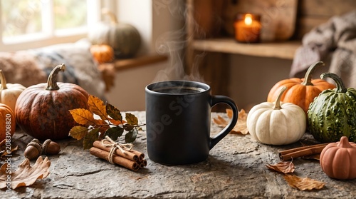 Cozy autumn coffee mug surrounded by pumpkins, cinnamon sticks, and scattered leaves on a rustic wooden table with warm candlelight
