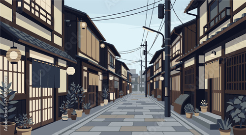 A serene illustration of traditional Japanese buildings line a quiet street with potted plants and power lines on a clear day