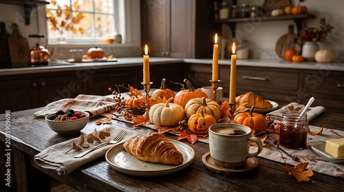 Cozy autumn breakfast table setting with pumpkins, candles, warm drinks, and pastries in a rustic kitchen with natural light