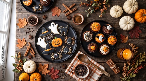 Flat lay of Halloween-themed cookies, pumpkins, and spices on a rustic wooden table with cozy autumn decorations and festive treats