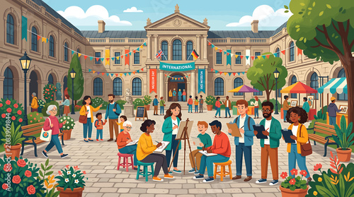 Schilderij op canvas Diverse group of students and artists painting in a sunny university campus courtyard illustration