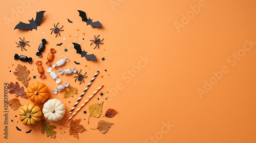 Flat lay of halloween decorations including pumpkins, bats, spiders, candy, and autumn leaves on vibrant orange background