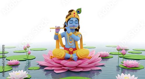 Hindu deity Krishna sits on a pink lotus flower playing flute surrounded by water lilies