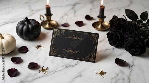 Elegant black Halloween discount card with gold foil on white marble table with pumpkins, candles, and dark roses for spooky celebration