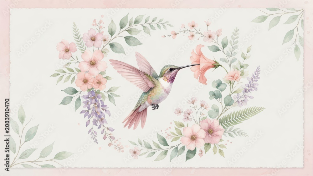 Fototapeta premium A vibrant hummingbird hovers while feeding on nectar from soft pastel flowers surrounded by lush green foliage painted in a delicate watercolor style to celebrate the beauty of wild avian creatur