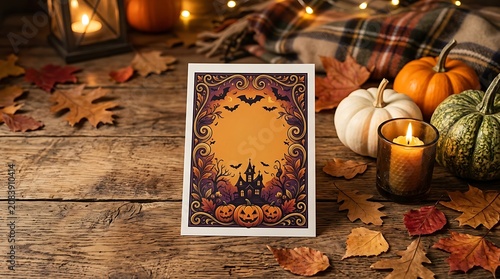 Vintage Halloween discount flyer mockup with pumpkins, candles, and autumn leaves on rustic wooden table in cozy autumn setting