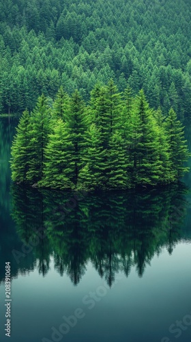 Dense Green Pine Tree Island Reflected In Still Dark Water Lake Surface