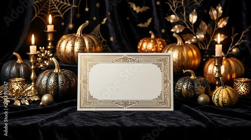 Elegant white ornate picture frame surrounded by golden and black pumpkins, candles, and autumn leaves on dark velvet for Halloween
