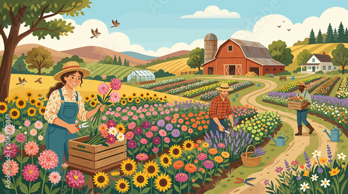 Foto Farmers harvesting colorful flowers on a sunny rural farm with red barn and rolling hills