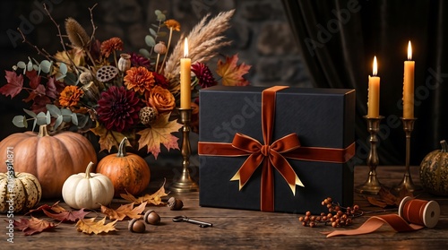 Elegant black gift box with orange ribbon surrounded by autumn pumpkins, dried flowers, and warm candlelight on rustic wooden table
