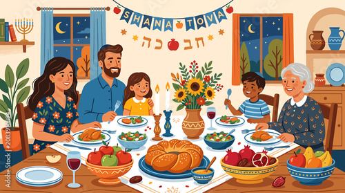 Bild auf Leinwand Jewish Family Celebrating Rosh Hashanah Dinner with Traditional Food and Shana Tova Banner