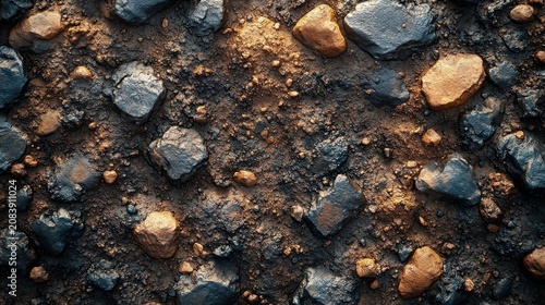 Natural Dark Gravel Texture With Golden Sunlight Highlights And Earthy Textures