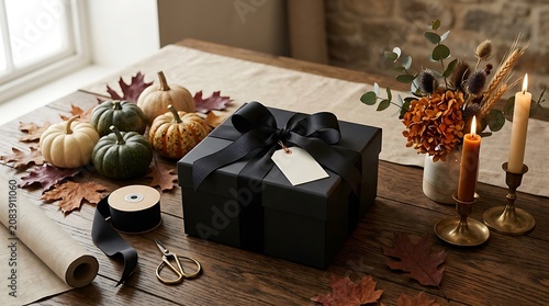 Elegant black gift box with ribbon on rustic wooden table surrounded by autumn pumpkins, dried leaves, candles, and crafting supplies for cozy fall decor