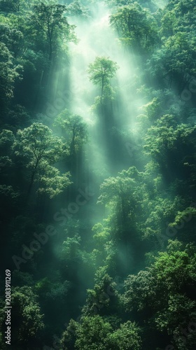 Sunlight Beams Filtering Through Lush Green Forest Canopy With Soft Morning Mist And Bokeh Light