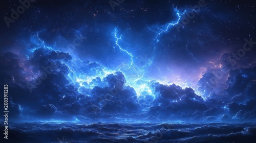 Dramatic Night Sky With Brilliant Blue Lightning Strikes Over A Dark Landscape Under Starry Clouds