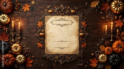 Vintage Halloween menu template with ornate gold frame, autumn leaves, pumpkins, and candles on dark wood background