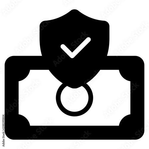 Flat illustration of a blue money bill with a protective shield and checkmark symbolizing financial security.