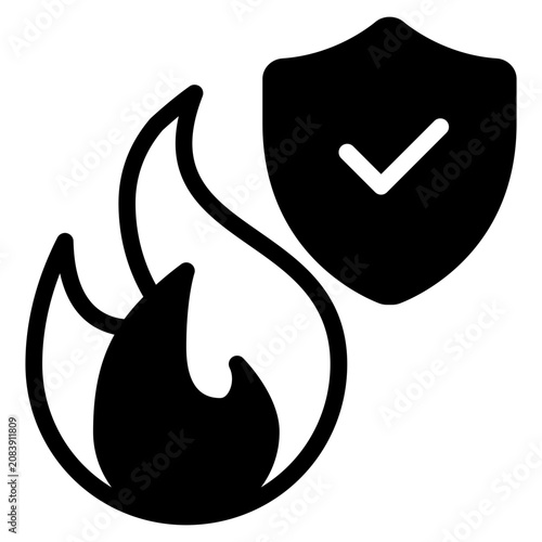 Vector illustration of stylized flames with a shield and checkmark, representing safety, protection, or security themes in a flat art style, suitable for safety, insurance, or security industry use.