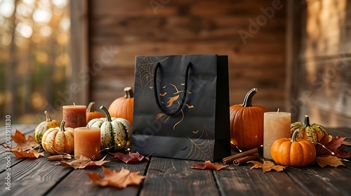 Elegant black shopping bag mockup with autumn pumpkins, candles, and fallen leaves on rustic wooden table for Halloween season
