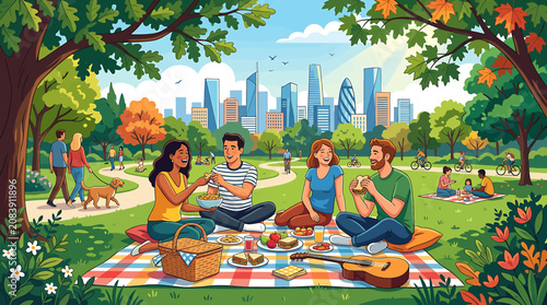 Foto Group of diverse friends enjoying a picnic in a sunny city park with skyline view