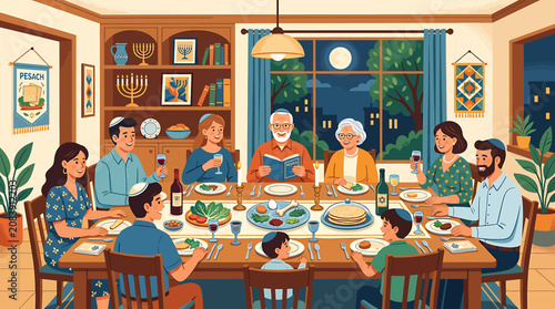 Cuadro en lienzo Jewish family celebrating Passover Seder dinner together at home with traditional food and rituals