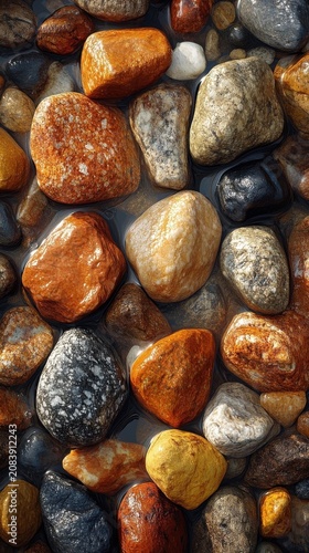 Wet Multi Colored River Stones And Pebbles Texture Background