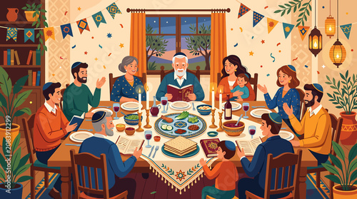 Cuadro en lienzo Jewish Family Gathering for Passover Seder Dinner with Traditional Food and Rituals