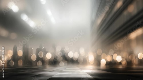 Abstract blurred cityscape with glowing bokeh lights and modern skyscrapers in the background. Futuristic urban scene with soft focus and shimmering reflections on the ground