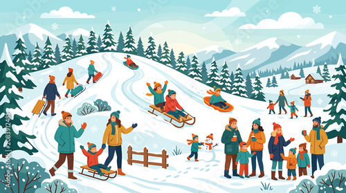 Foto Winter landscape with people enjoying outdoor activities like sledding and walking in the snow