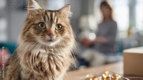 Adorable fluffy tabby cat with expressive green eyes sitting indoors, looking curiously at the camera. Soft natural light highlights the cat’s beautiful fur and gentle features