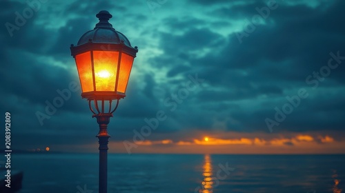Glowing Street Lamp Post At Twilight Near The Sea Under Moody Dark Clouds With Sunset Glow
