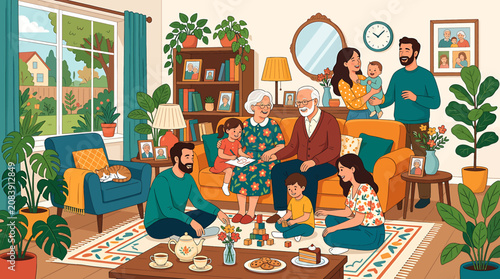 Canvastavla Multigenerational family gathering in cozy living room with grandparents parents and children