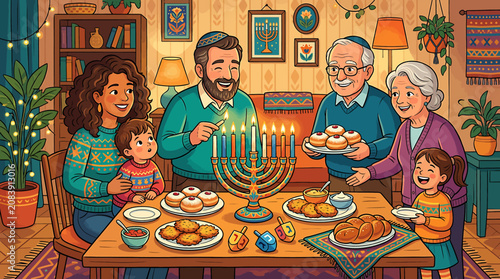 Obraz na płótnie Happy Jewish family celebrating Hanukkah together lighting the menorah candles at home
