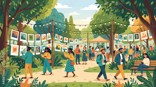 Foto Outdoor Art Exhibition in a Public Park with People Browsing Paintings Hanging on Strings