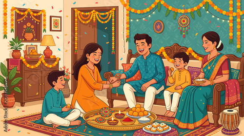 Cuadro en lienzo Happy Indian family celebrating Raksha Bandhan festival together in a decorated living room