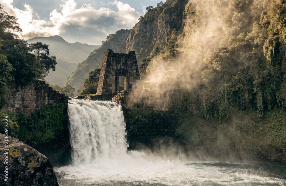 Fototapeta premium Ancient Stone Arch by a Powerful Waterfall in a Deep Canyon