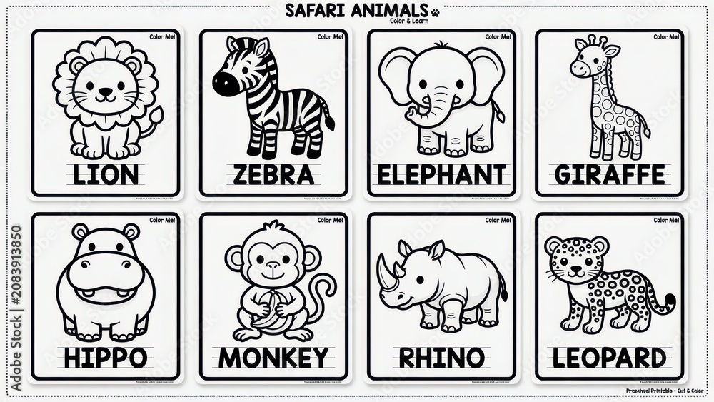 Obraz premium A collection of educational coloring worksheets featuring cute safari creatures for children to practice writing names and learning about wildlife while developing their artistic skills during sc