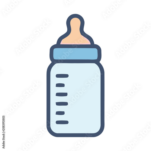 Baby bottle with nipple on top.