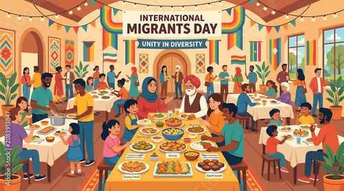 Bild auf Leinwand International Migrants Day celebration with diverse people sharing a communal meal in a decorated hall
