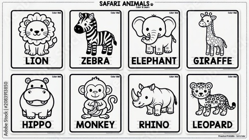 A collection of educational coloring worksheets featuring cute safari creatures for children to practice writing names and learning about wildlife while developing their artistic skills during sc