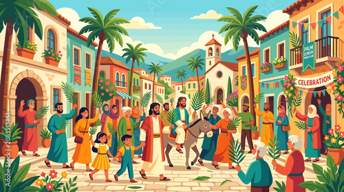 Фотография Jesus Christ riding a donkey into Jerusalem during Palm Sunday celebration with cheering crowds and palm branches
