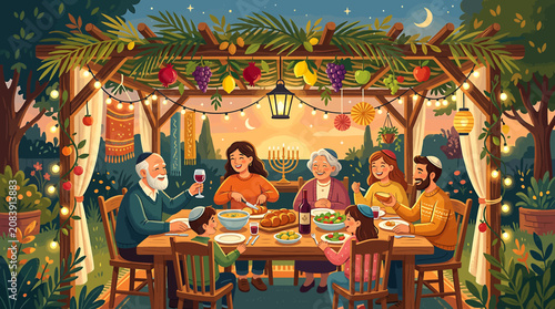 Cuadro en lienzo Jewish family celebrating Sukkot holiday dinner together in a decorated outdoor sukkah at sunset