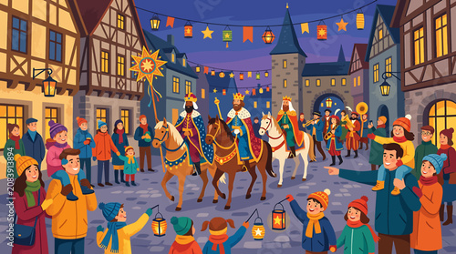 Tableau sur toile Three Kings Day Epiphany Parade Illustration with Wise Men on Horses in European Town Square