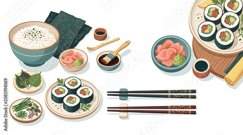Obraz na plátně Traditional Japanese Sushi Set with Maki Rolls Rice Ginger Soy Sauce and Chopsticks