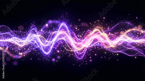 Abstract Glowing Energy Wave Form with Neon Purple and Golden Particles on Black Background