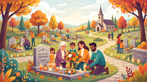 Bild auf Leinwand Multigenerational family visiting a cemetery to honor loved ones during a sunny autumn day