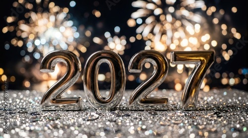 Golden 2027 new year celebration with sparkling lights and glitter background
