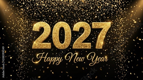 Golden glitter numbers 2027 with happy new year text on black background